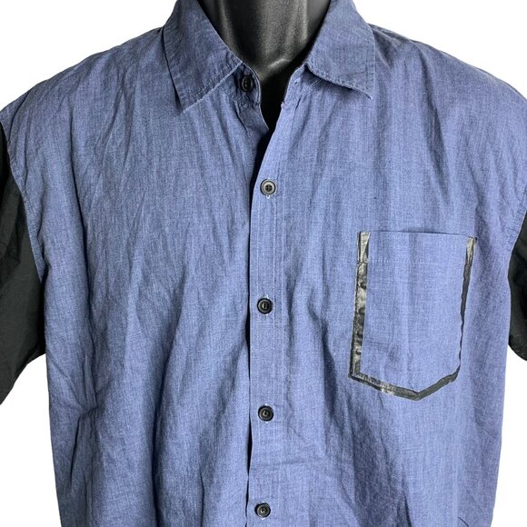 Westy Two Tone Button Up Shirt XL Blue Black Short Sleeves Pocket Collared - Picture 2 of 6